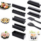 Sushi mold accessories: black rolling frames, cutting knife, and serving spatula