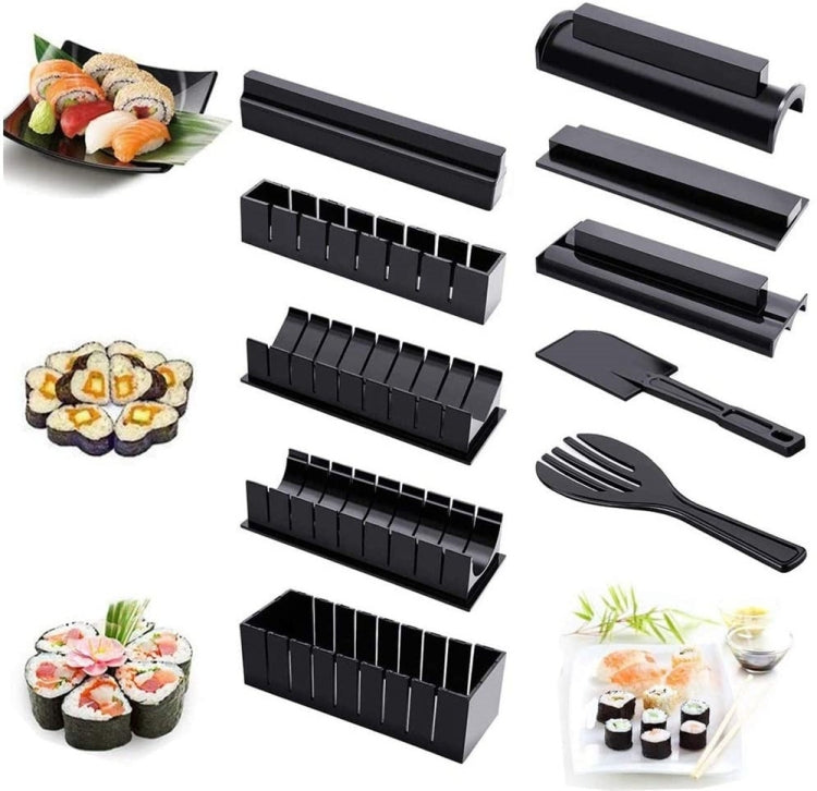 Sushi mold accessories: black rolling frames, cutting knife, and serving spatula