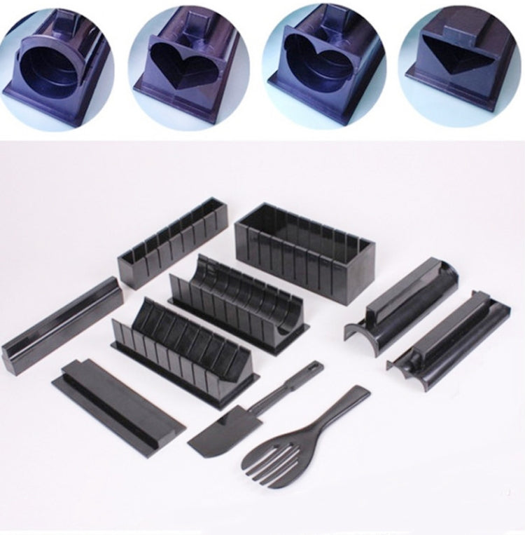 Black sushi mold forms and tools, including rolling tubes and slicing knife