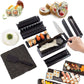 Black sushi mold kit with rolling frames, knife, fork, and textured base mat