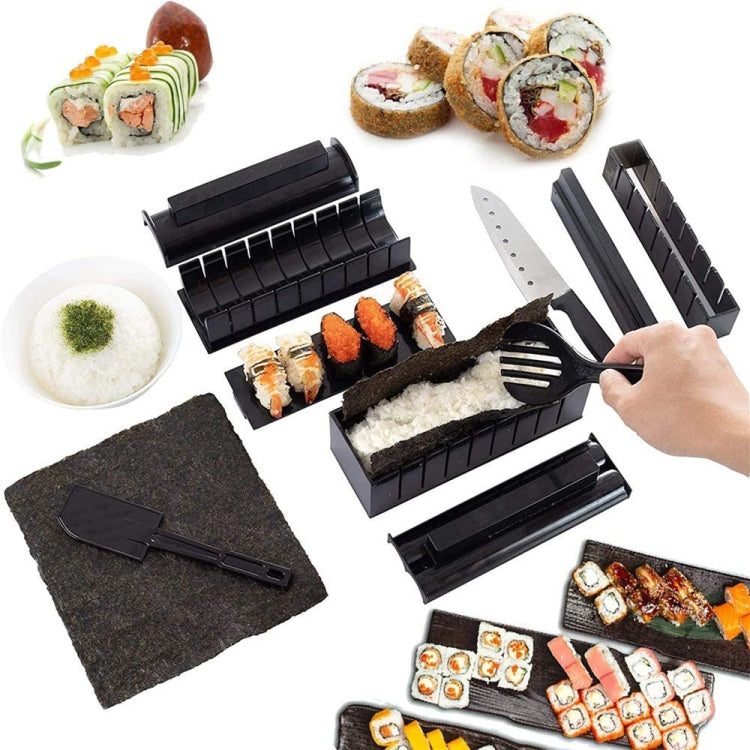 Black sushi mold kit with rolling frames, knife, fork, and textured base mat