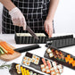 Black sushi molds in use with gloves and rolling frames during sushi making