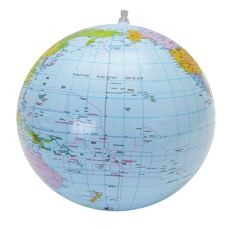 Inflatable globe map ball showing North Pacific and ocean lines on colorful print