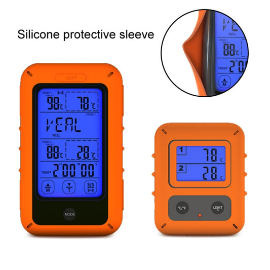 Orange wireless dual-channel food thermometer with silicone protective sleeve on unit