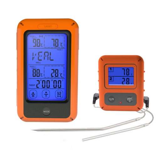 Orange dual-channel wireless food thermometer with blue touch screen display