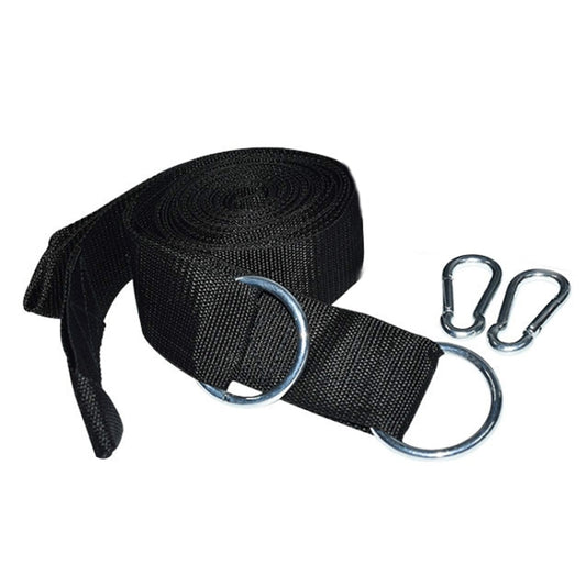 Dark hammock strap rope with three metal rings and two metal hooks, rolled