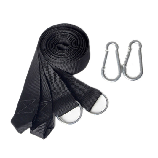 Dark hammock strap rope with metal hooks and attachment rings, bundled for use