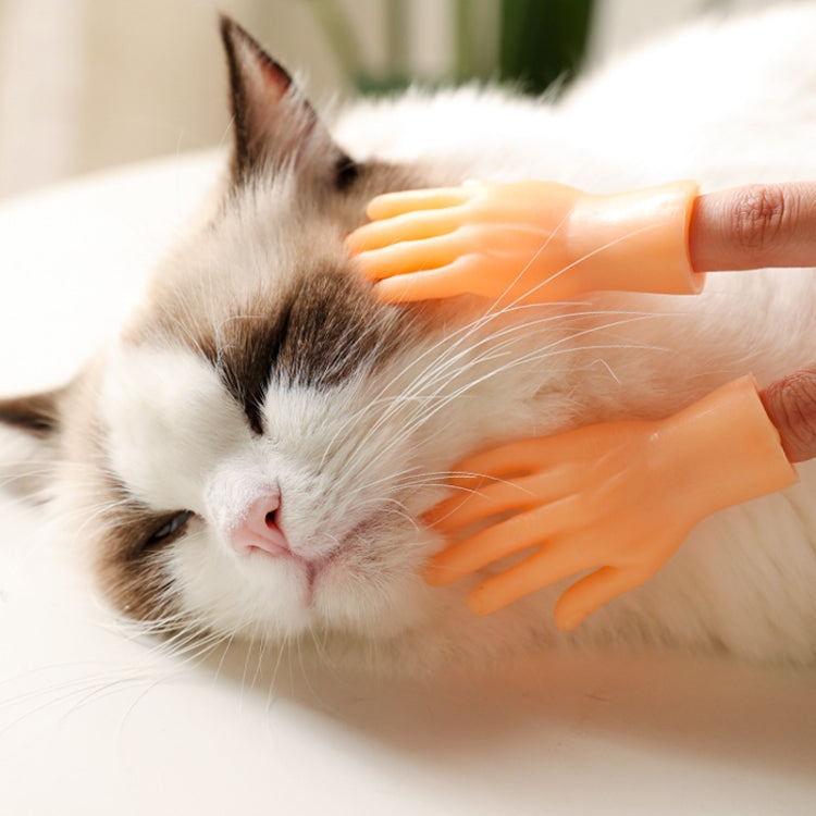 Orange silicone pet massage finger cots on hands stroking a cat