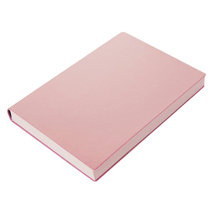 A5 soft leather notebook with pink cover and thick stitched binding, grid pages inside