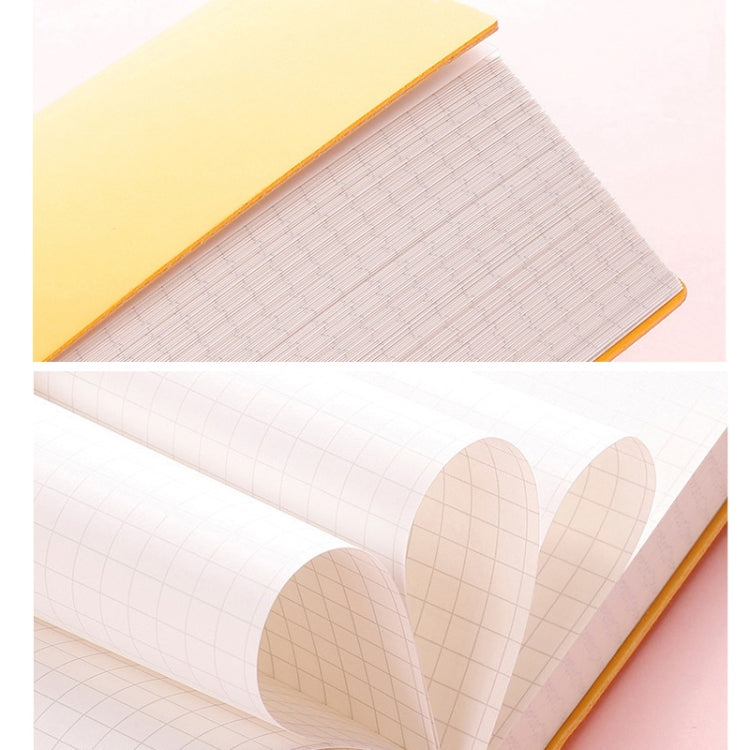 A5 notebook open view with lined grid paper and textured soft cover