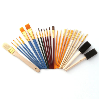 Watercolor and acrylic paint brush set with assorted bristles and wooden handles