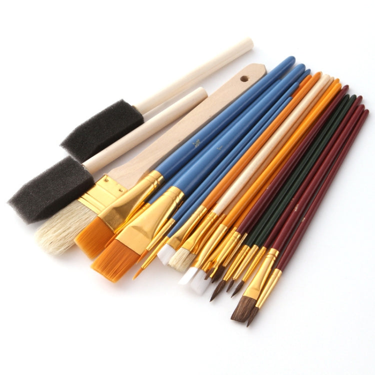 Paint brush set with flat and detail bristles, blue, orange, white, and dark handles
