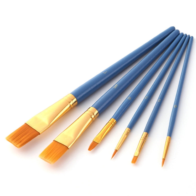 Blue-handled paint brushes with gold ferrules and angled flat bristles