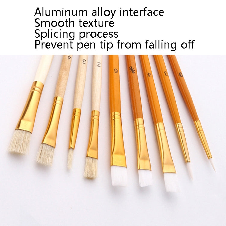 Close view of multiple paint brushes with cream and orange handles and gold ferrules