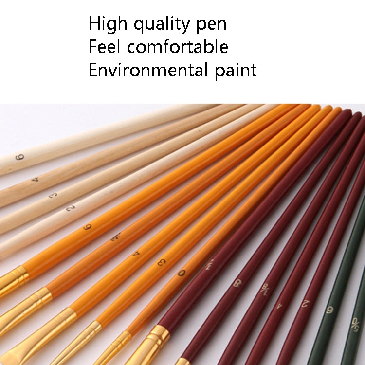 Row of paint brushes with cream, orange, and dark red handles and pointed tips