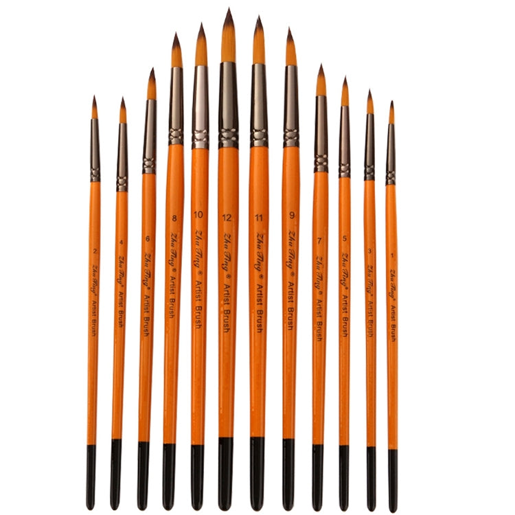 Set of 12 watercolor hook-and-line brushes, orange handles, pointed nylon bristles