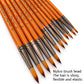 Watercolor hook-and-line brushes with silver ferrules, orange wooden handles, pointed tips
