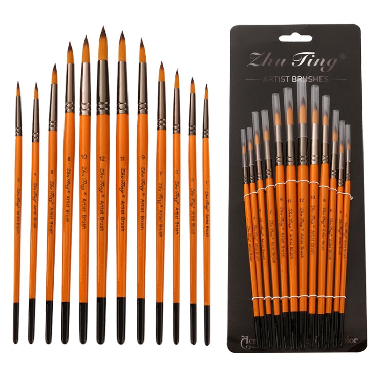 ZHU TING artist watercolor brush set with multiple orange-handled brushes on blister card