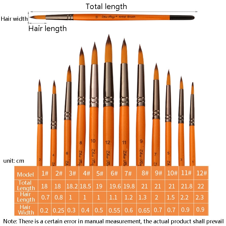 Watercolor hook-and-line brushes with orange handles and pointed bristle tips on scale chart
