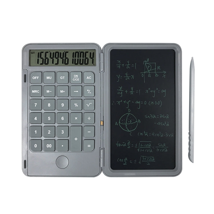 Gray rechargeable calculator writing board with keypad, LCD, and writable dark screen
