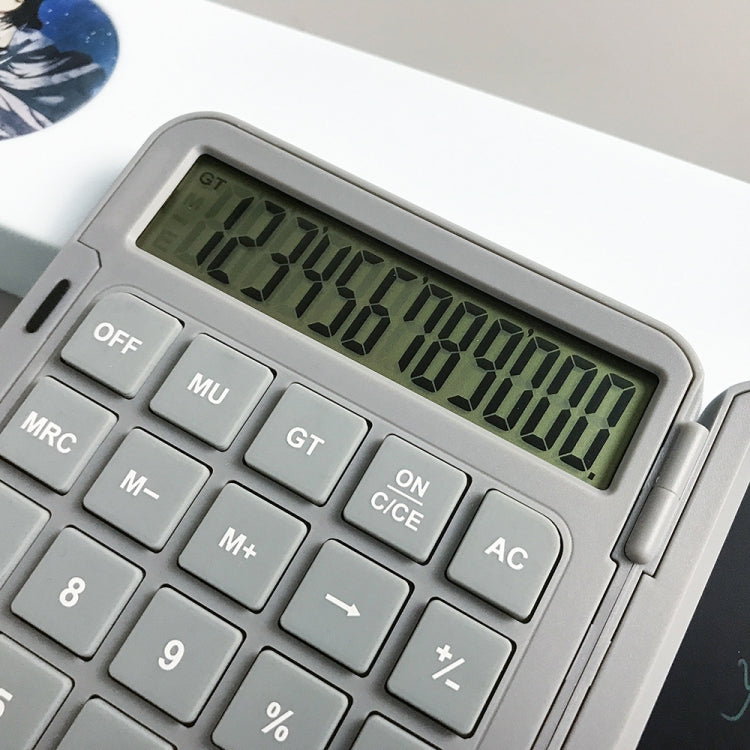 Gray calculator keypad and large LCD display, writing board folded open