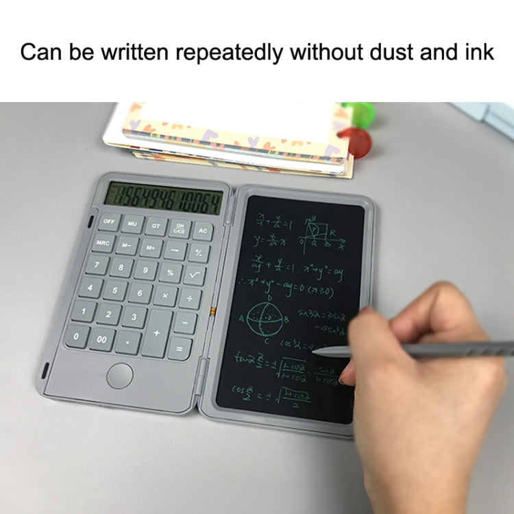 Gray calculator writing board with keypad and stylus writing on the dark LCD screen