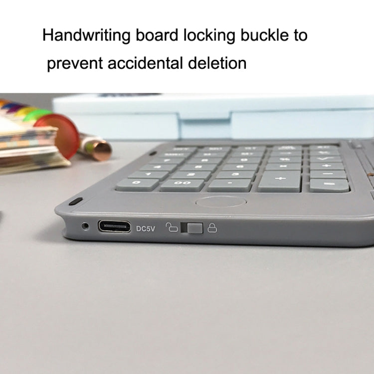 Gray calculator writing board side ports with charging DC5V and lock buckle
