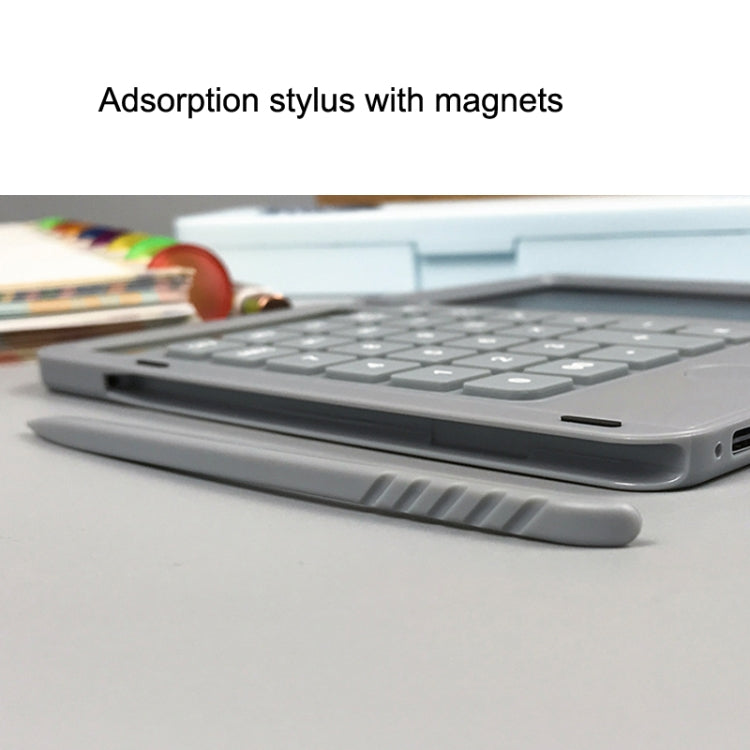 Gray calculator writing board with stylus attached and magnet-secured