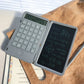 Gray calculator writing board with keypad and writable dark screen displaying equations