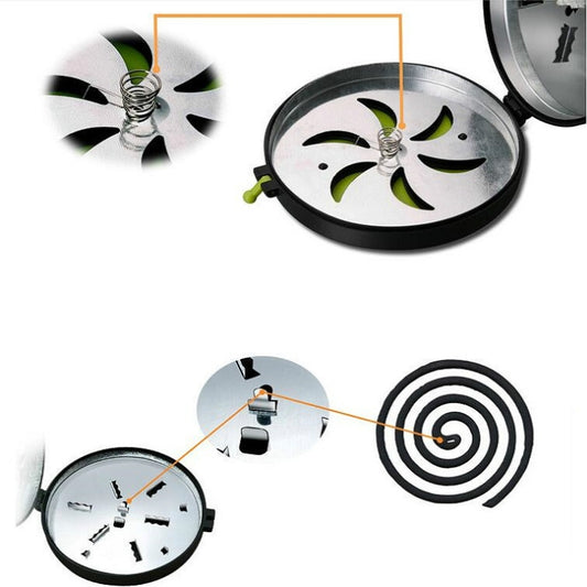 Round mosquito coil holder tray showing use steps and coil placement for safety