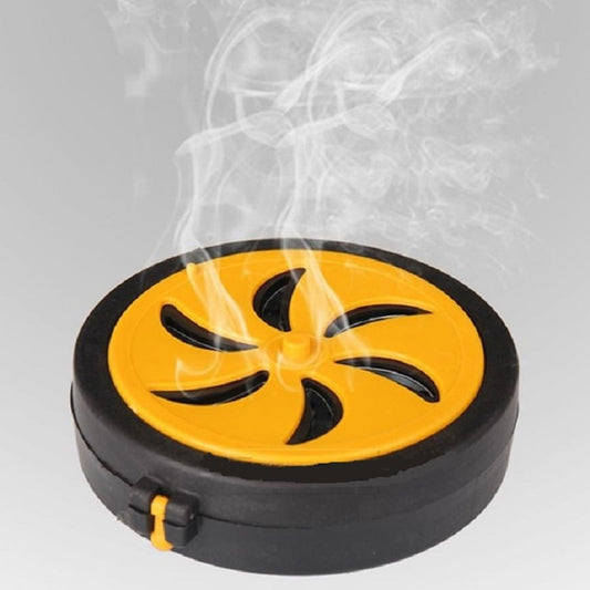 Black round mosquito coil holder tray with yellow floral insert and central flame hole