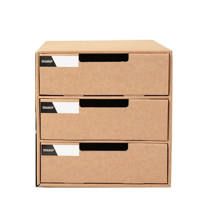 Multi-layer cardboard drawer storage cabinet with 3 pull-out drawers and black label slots