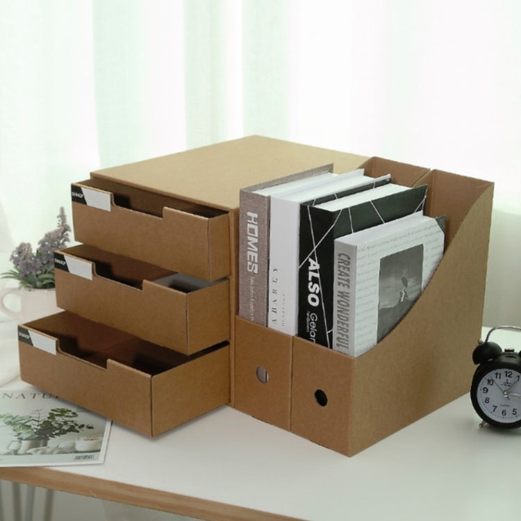 Cardboard multi-drawer organizer opened to show compartments for documents