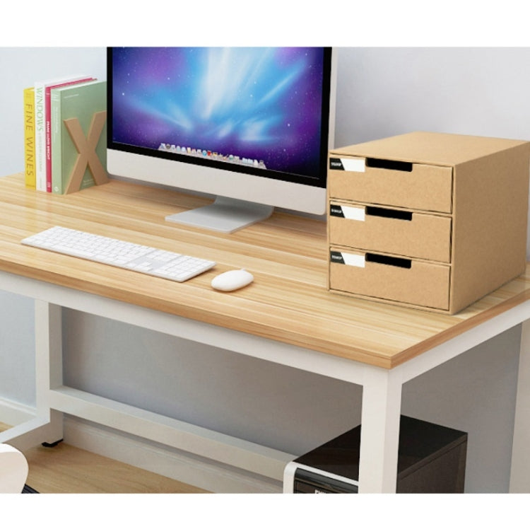 Cardboard drawer organizer on a desk beside keyboard, with 3 stacked pull-out drawers