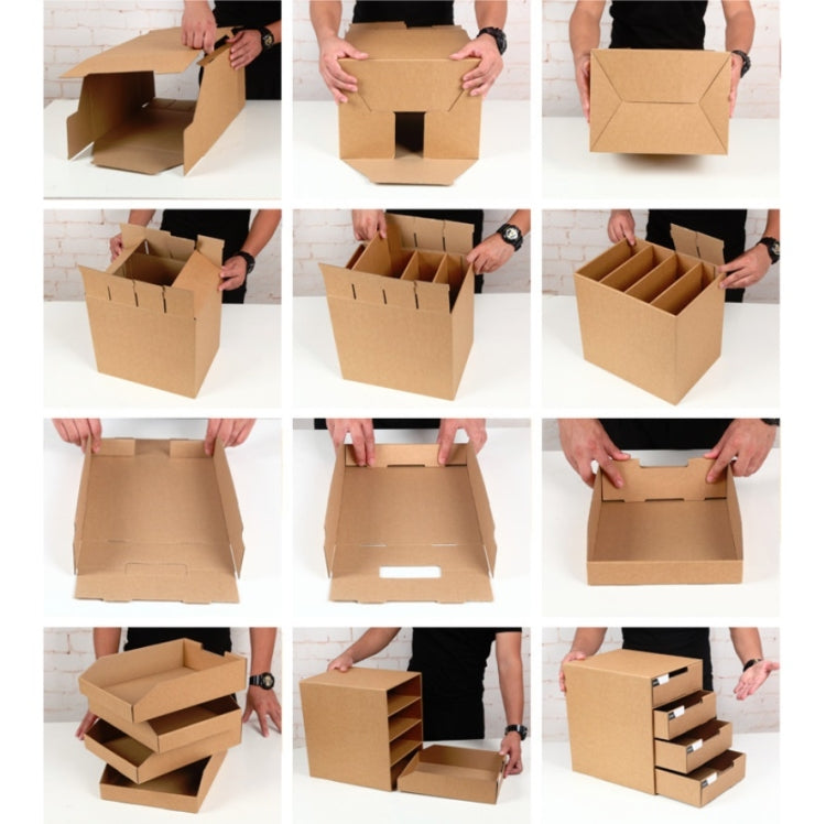 Hands assembling and using a brown cardboard multi-drawer storage cabinet
