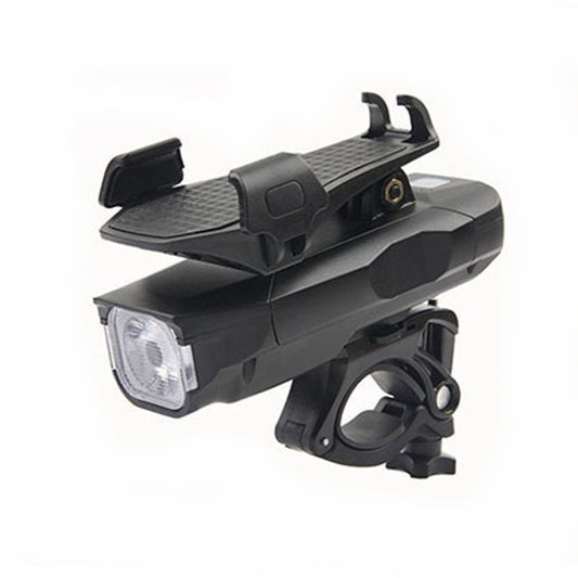 Bicycle front light with phone holder and horn, black housing with white headlight