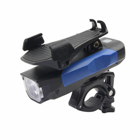 Bicycle front light with phone holder and horn, black with blue accent and white headlight