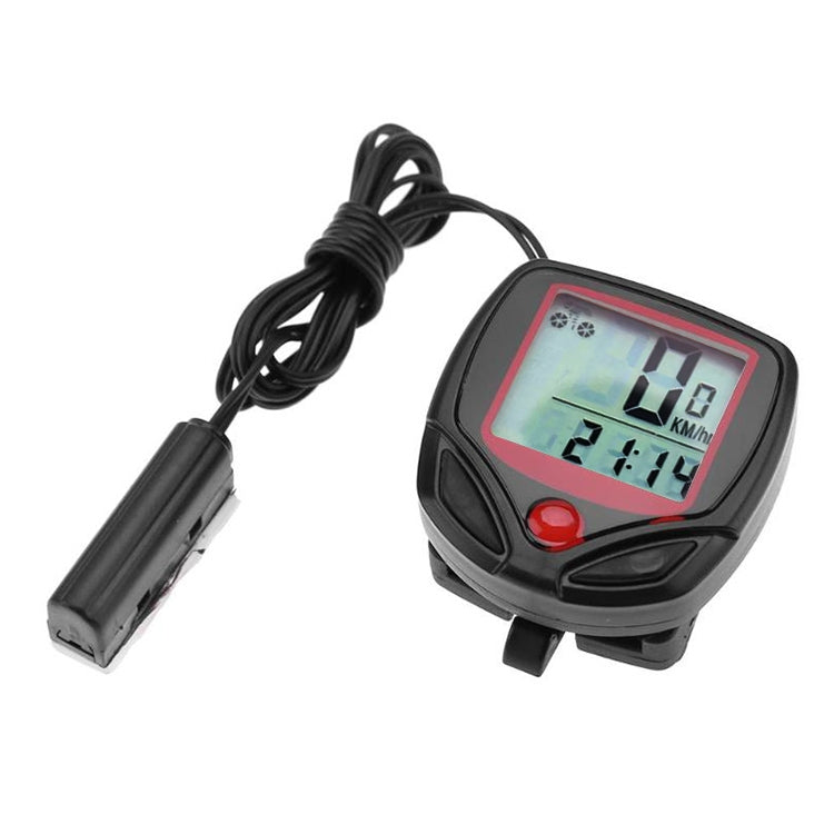 Bicycle digital speedometer unit with red LCD and wired sensor lead, black housing