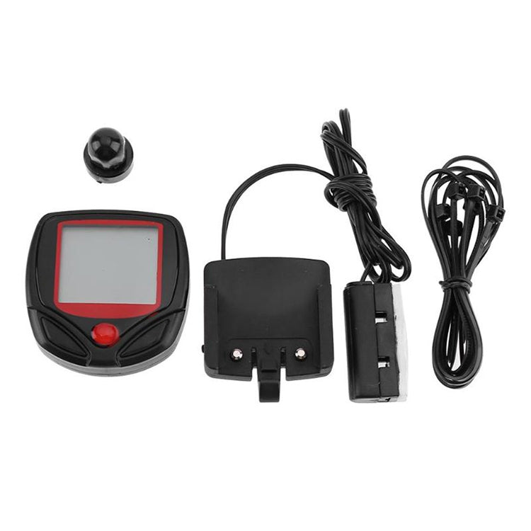 Bicycle speedometer kit: display, mounts, cables, and protective cover, black and gray