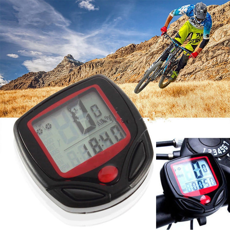 Bicycle digital speedometer with red LCD on handlebar, rugged black housing
