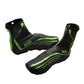 Pair of black cycling shoe covers with neon green accents and waterproof-style stripe