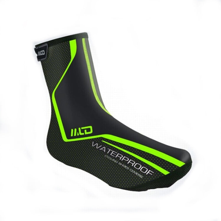 Black cycling shoe cover with neon green piping and waterproof-style branding on toe
