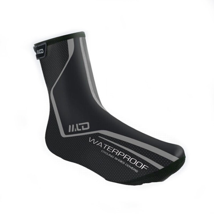 Black cycling shoe cover with gray accents and waterproof-style branding on toe