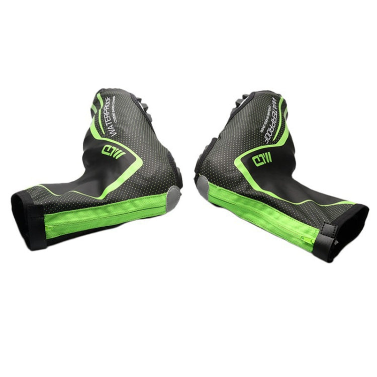 Gray cycling shoe covers with neon green piping and wraparound heel coverage