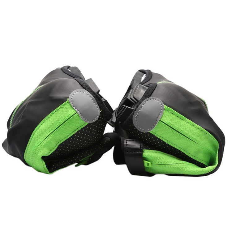 Black cycling shoe covers with neon green front panels and hook-and-loop ankle tabs