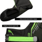 Cycling shoe cover in black with neon green trim and bright zipper detail