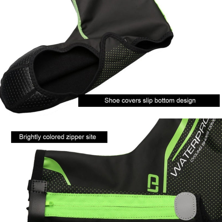 Cycling shoe cover in black with neon green trim and bright zipper detail
