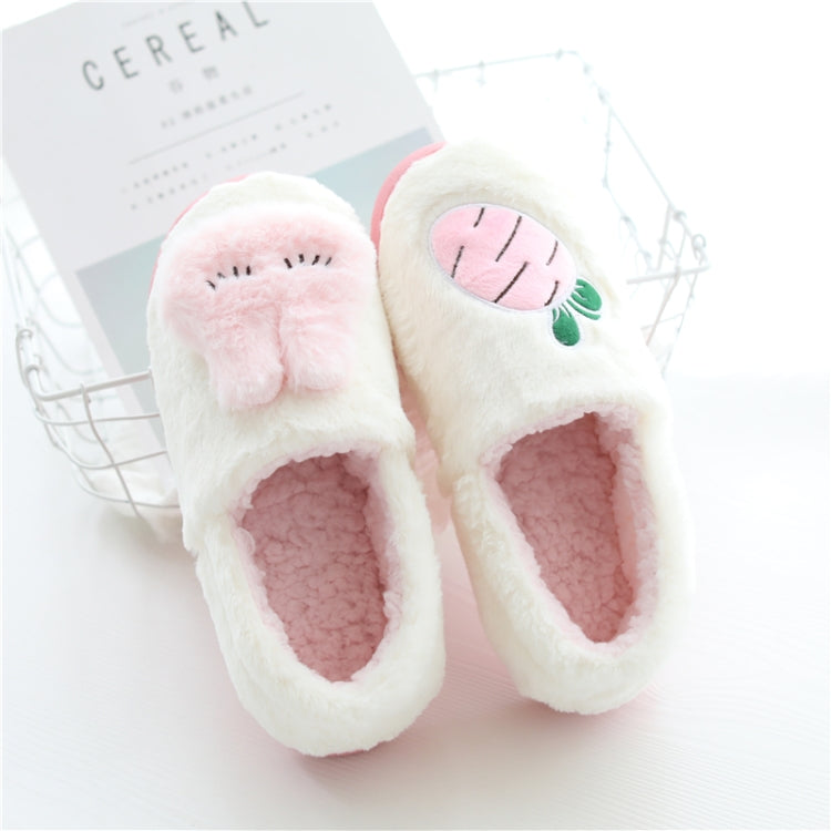 Cotton plush slippers in white with pink inner lining and fruit-faced applique on top
