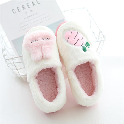 Cotton plush slippers in white with pink inner lining and fruit-faced applique on top