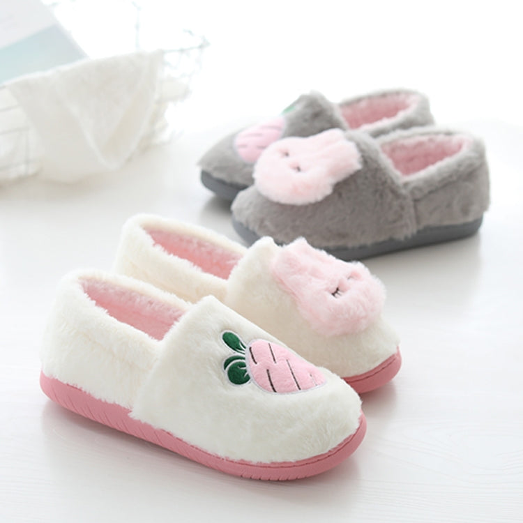 Pair of cotton plush slippers: white and gray, with pink lining and fruit face patches